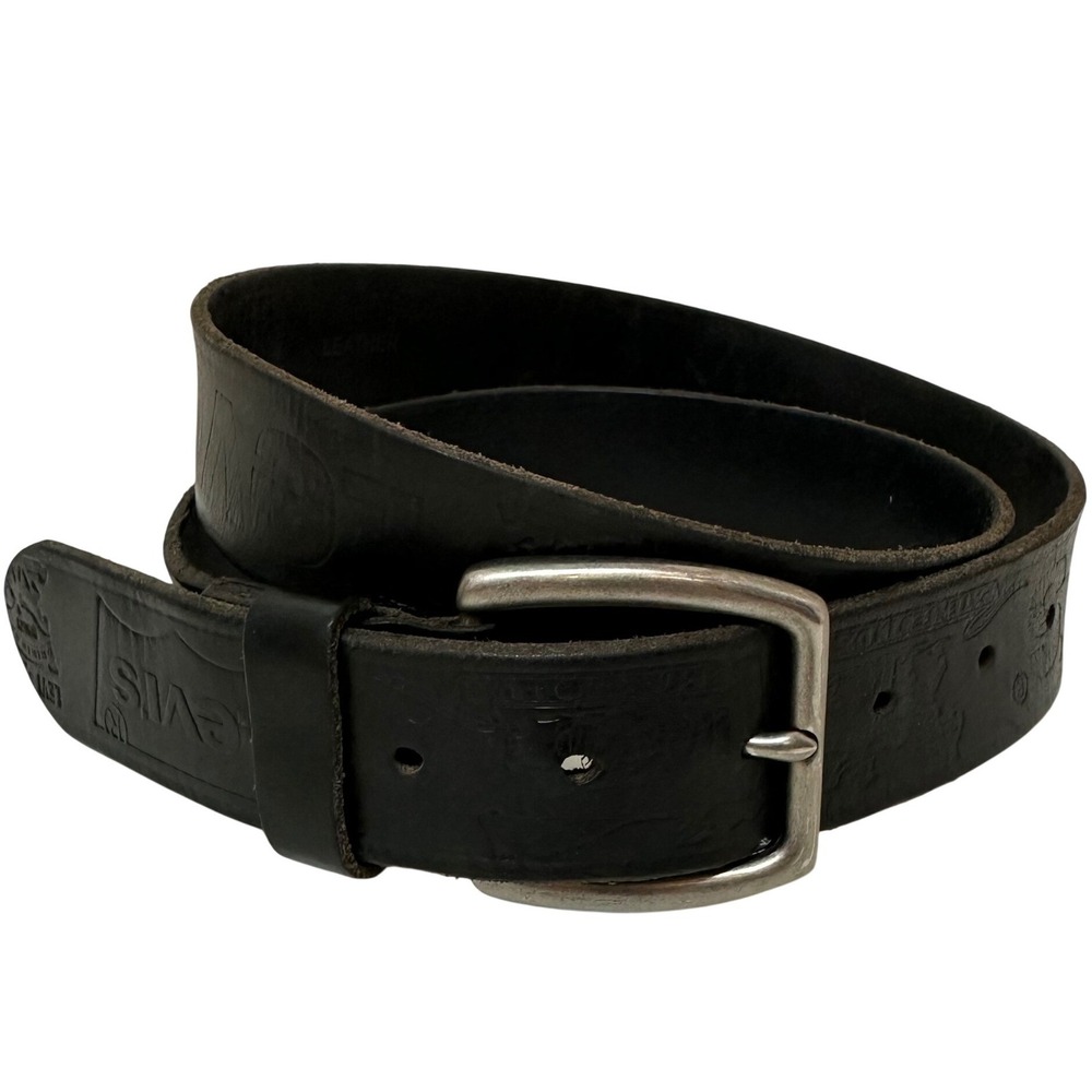 Levis Men's Black Leather Embossed Logo Belt Size 38/40 Silver Buckle